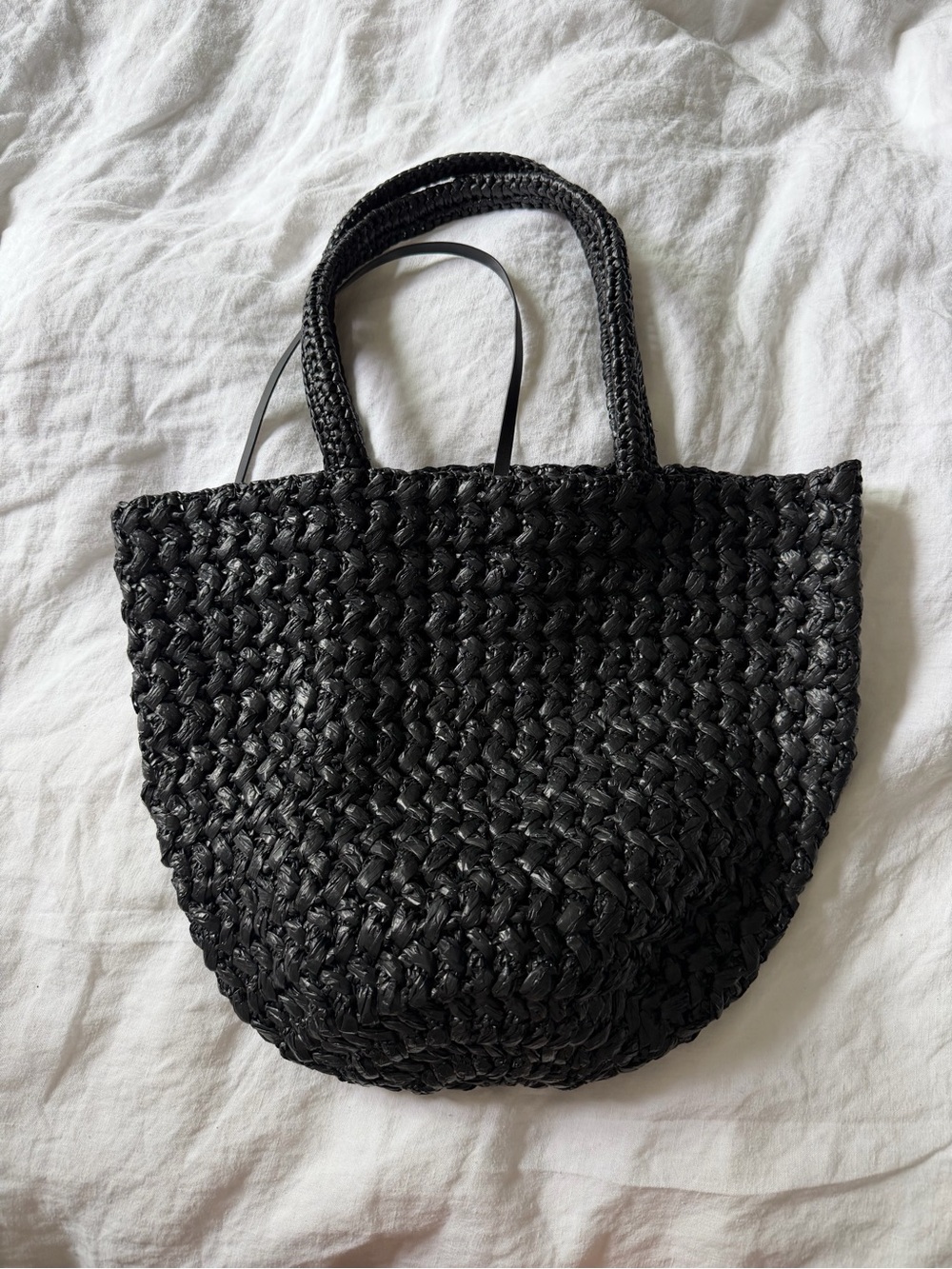 LekSomy Black Woven Raffia Effect Tote Bag with Leather Ties